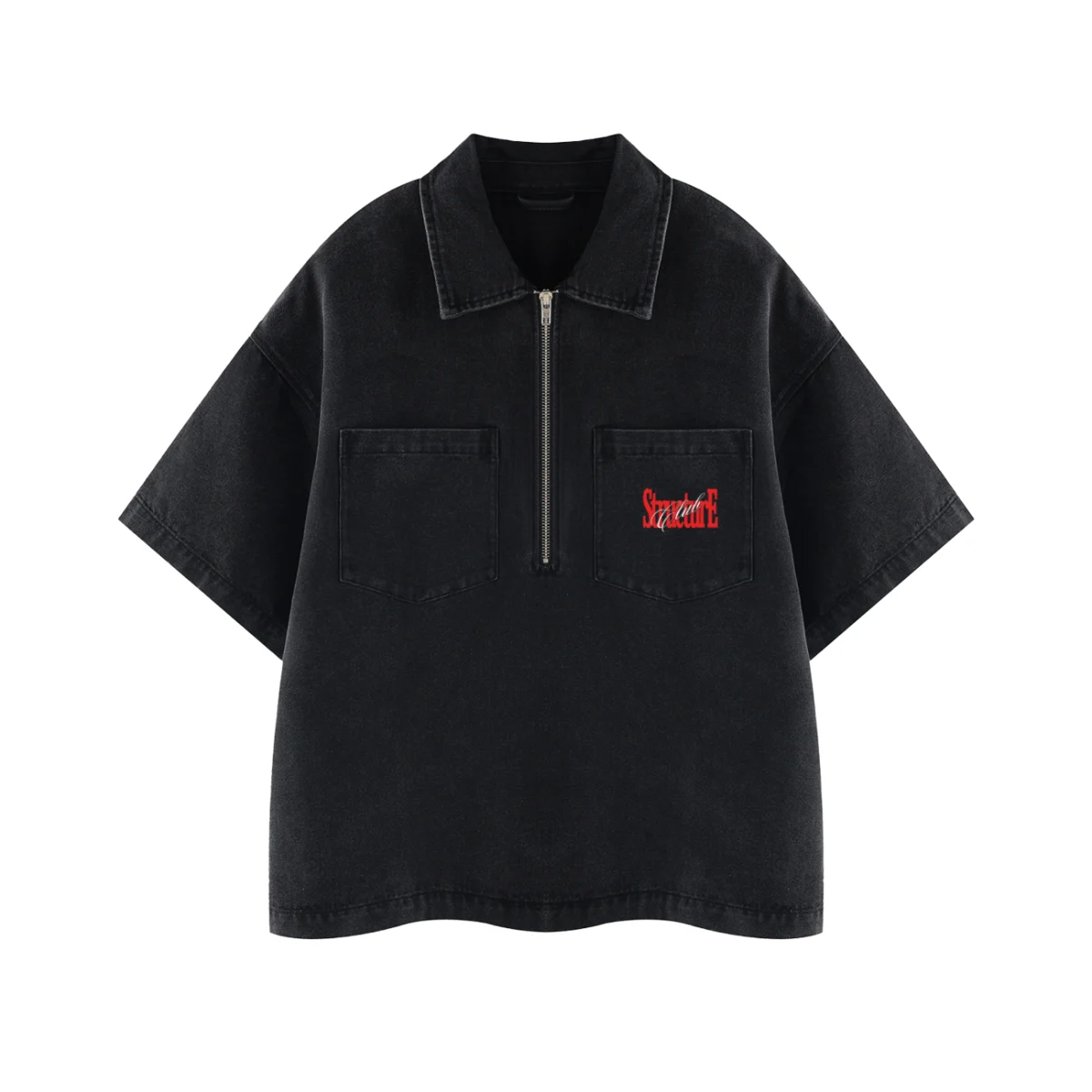Structure Club Method Half-Zip — front, washed black denim with red Structure Club pocket print